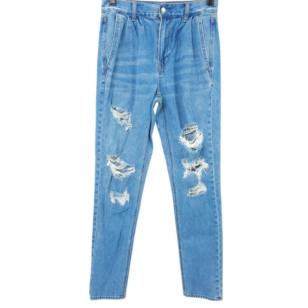 American Eagle Mom Jean PLEATED FRONT Size 2 High Rise Distressed Med Wash Retro